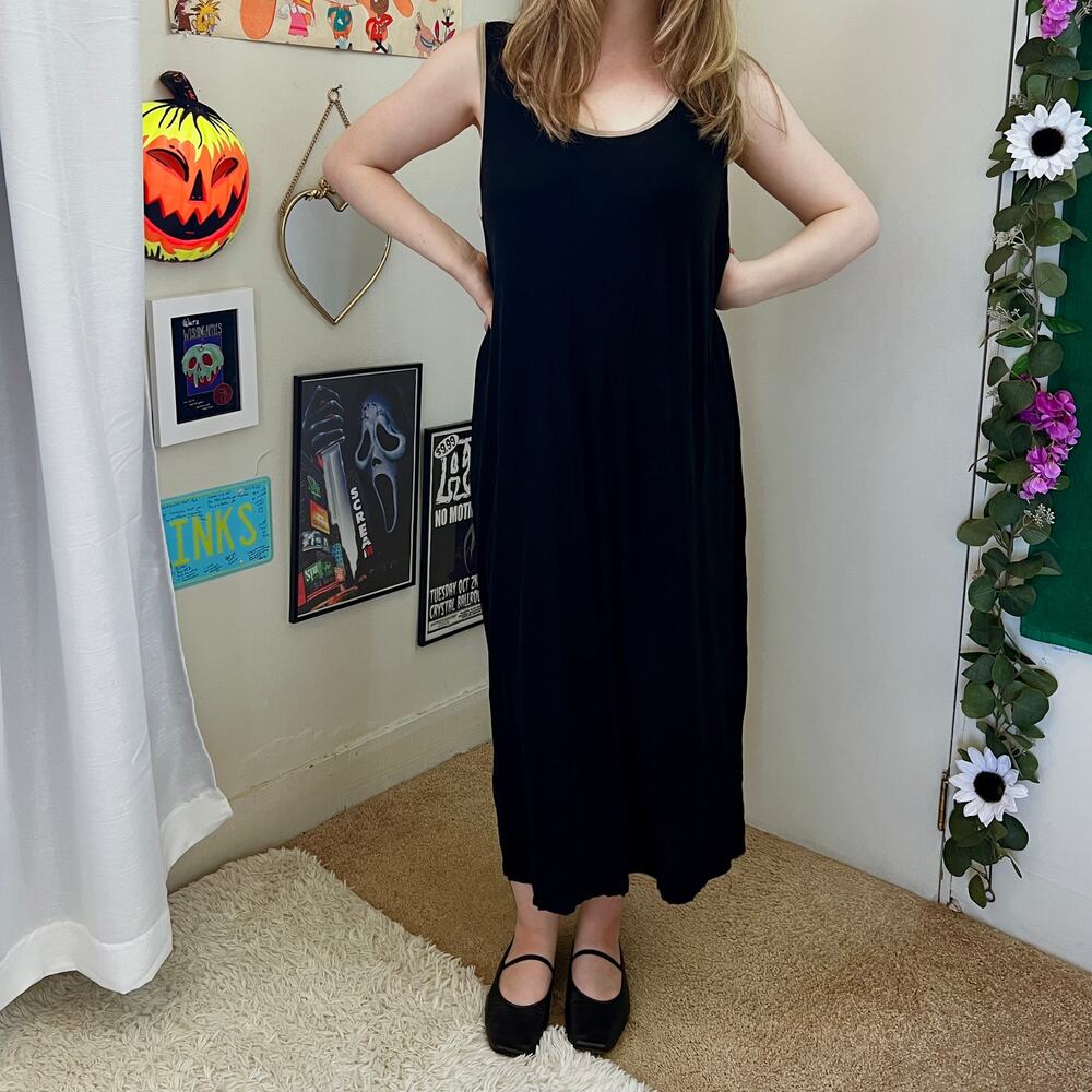 Vintage 1990s Black Slinky Midi Dress Size Large XL Unbranded